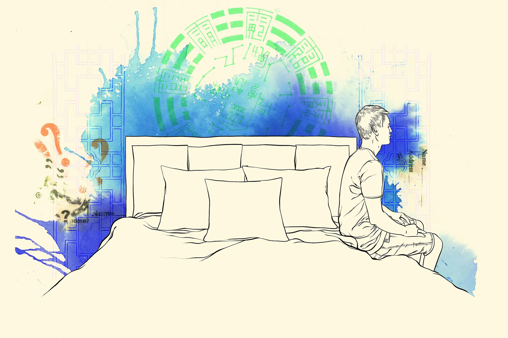 Illustration: Junge sitzt nachdenklich auf Bett